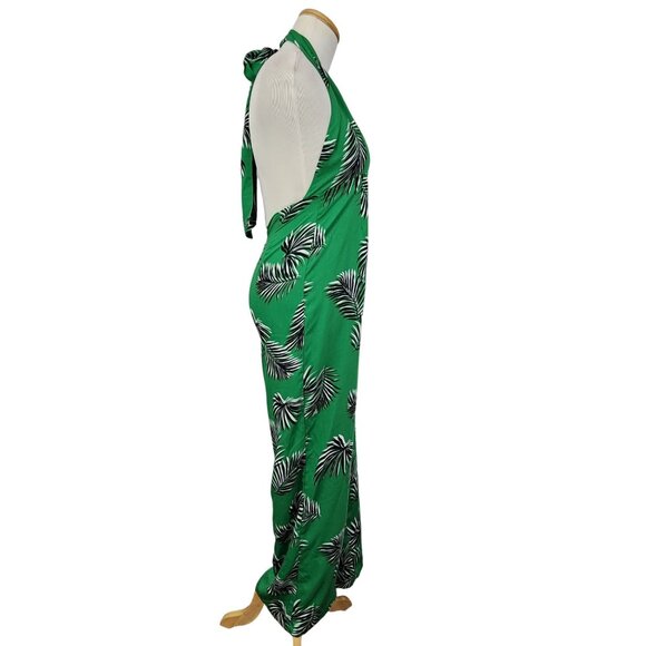 Jumper Women's Small Sleeveless Halter Tie Neck Wide Leg Green Tropical Print - Picture 2 of 9